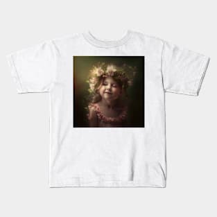 A Happy Girl Wearing a Wreath of Flowers Kids T-Shirt